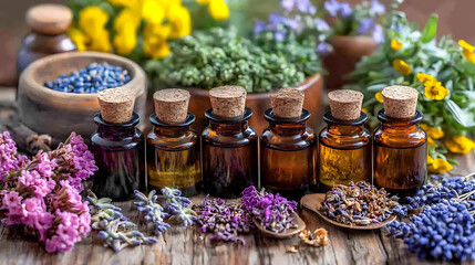 collection of essential oil bottles surrounded by various herbs and flowers, showcasing vibrant colors and natural beauty. scene evokes sense of tranquility and wellness