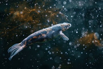 Fototapeta premium Curious fish swimming gracefully in a vibrant underwater environment filled with bubbles