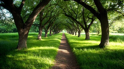 Fototapeta premium Sunlight kissed pathway through a lush forest canopy