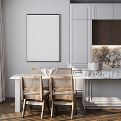 Poster mockup in a modern kitchen interior. Frame mockup with ISO A paper size. 3D illustration.