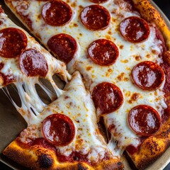 A delicious pepperoni pizza with bubbling cheese and a crispy crust, served on a pan with a slice being pulled away.