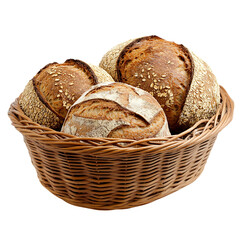 loaf grain bread in wicker basket on Transparent Background 
