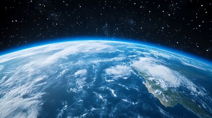 Obraz premium Earth View from Space with Swirling Clouds in Planetary Vastness and Starry Background
