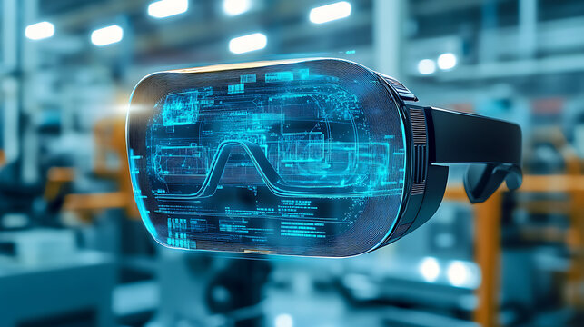 An AI powered augmented reality system overlaying digital information onto the physical world for industrial training, Industrial technology style, photo of