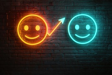 Bright neon signs glow on a brick wall, depicting smiling faces with an upward arrow symbolizing growth and positivity