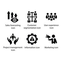 Sales forecasting, Customer segmentation, User experience, Project management, Information, Marketing, Black Icon Set © Tithy