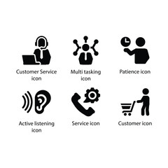 Customer Service, Multi tasking, Patience, Active listening, Service, Customer, Black Icon Set