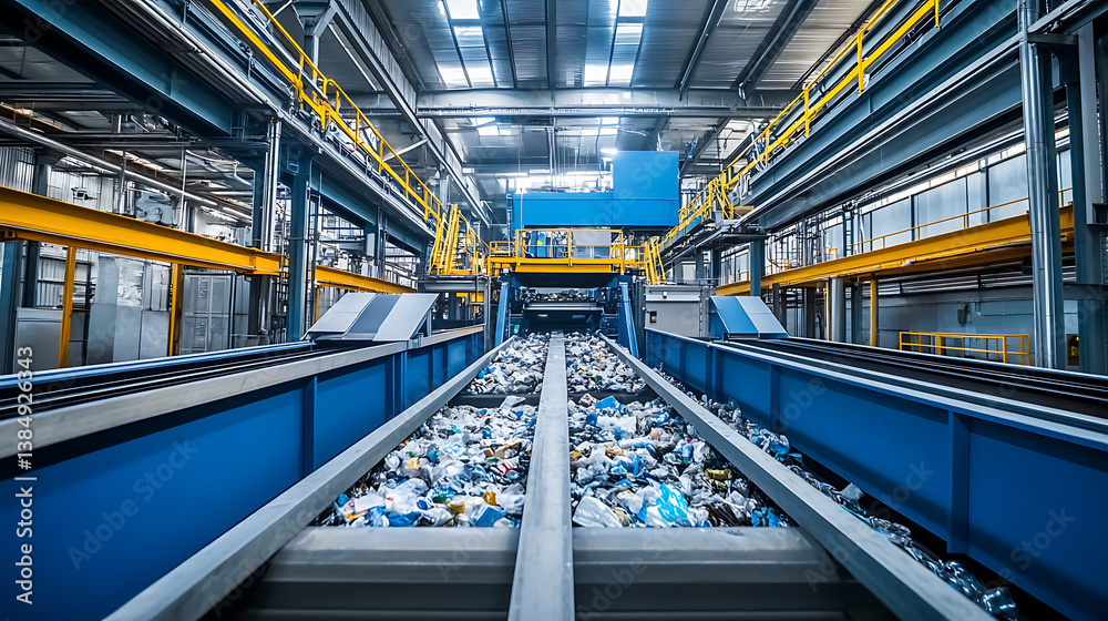 Poster an ai powered automated sorting system managing waste at a recycling plant, advanced sorting machine