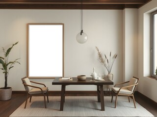 Sleek minimalist Japandi style dining room, warm and inviting, features a large framed blank poster on bright wall. 3D Rendering
