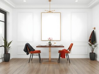 Minimalist Japandi style interior dining room with blank poster mockup on white wall. 3D Rendering