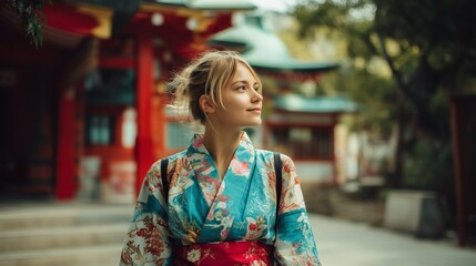 Fototapeta premium 着物を着た女性が朱塗りの神社を訪れるリアルな旅風景 外国人観光客の和文化体験を捉えた高精細写真素材 日本の伝統を伝えるポートレート