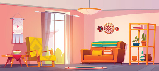 Boho, bohemian living room interior with furniture