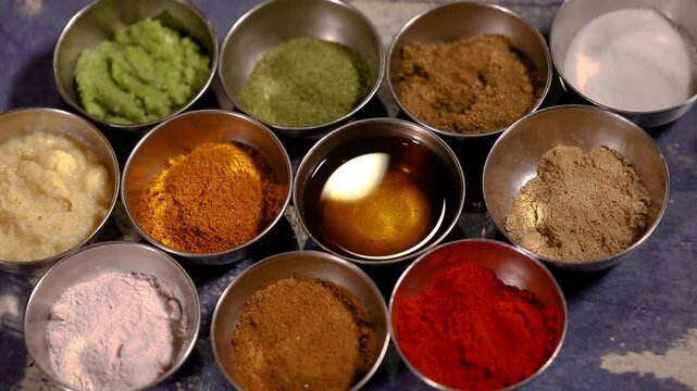 Indian spices and oil in bowls for cooking food. Ingredients for cooking.
