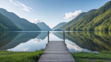 A wooden pier sits on a lake, with mountains in the background