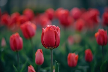 Fototapeta premium Vibrant red tulips blooming in a garden during spring season