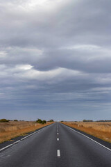 Naklejka premium Long straight road through golden grasslands under a moody sky in rural South Australia, evoking solitude and vast horizons