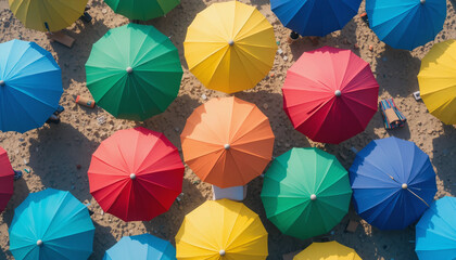 Vibrant Canopy of Color: An overhead view of an array of open, multicolored umbrellas, creating a vivid mosaic of hues and patterns against a neutral backdrop.