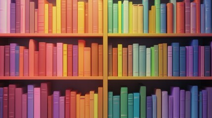 bookshelf with multi-colored books, background consisting of a huge bookshelf lined with colored books of all colors of the rainbow, bright home library background, generative ai