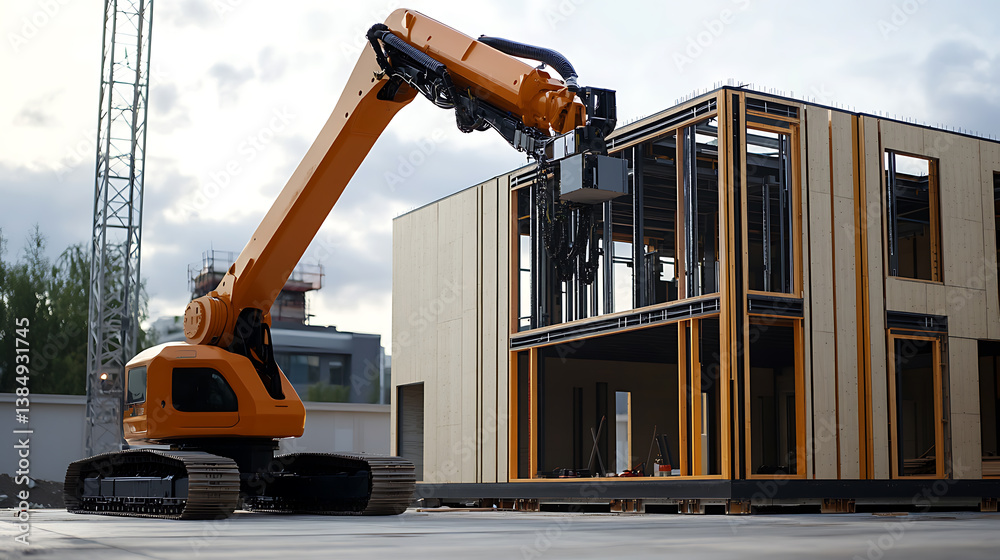Poster an ai powered autonomous construction robot assembling modular buildings with precision and speed, c