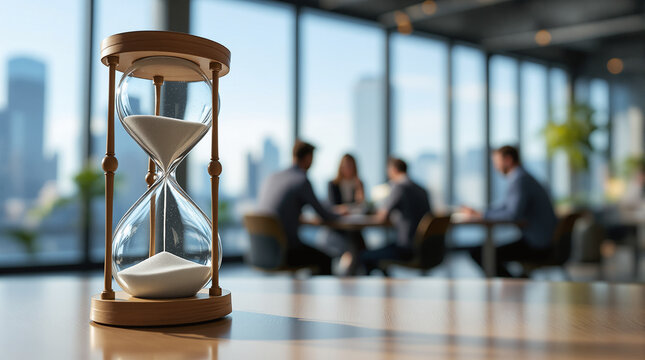 Hourglass on office table with business meeting in conference room in the background