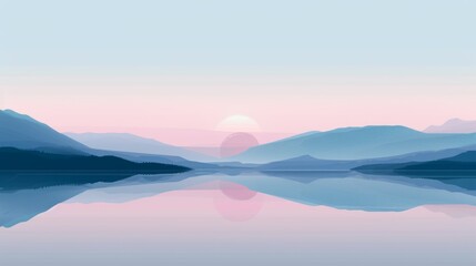 Fototapeta premium Serene Sunset Landscape: Mountains Mirrored in a Calm Lake