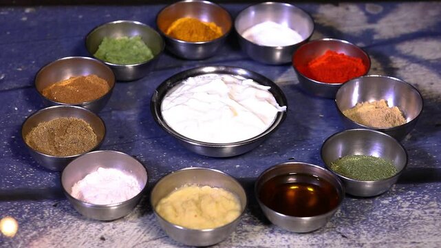 Ingredients in bowl for cooking. Food preparation.