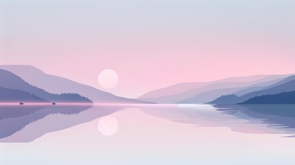 Fototapeta premium Serene Sunset Over the Tranquil Lake and Misty Mountains