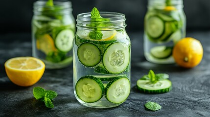 A jar of water infused with fresh lemon and cucumber, accompanied by whole lemons and cucumbers on a wooden table