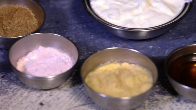 Ingredients in bowl for cooking. Food preparation.