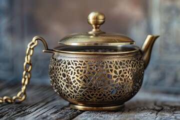 Intricate brass teapot displayed on rustic wooden surface in warm natural light