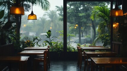 Rainy cafe interior, lush plants, warm lighting, view of stormy street