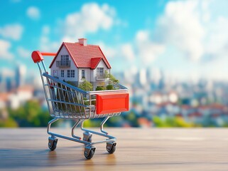 Concept of real estate trading: a house in a shopping cart on a wooden table against a cityscape background.  Home sales or the concept of choosing a home for web banner