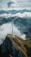 A breathtaking view of a white wind turbine on a mountain peak, with clouds swirling around it