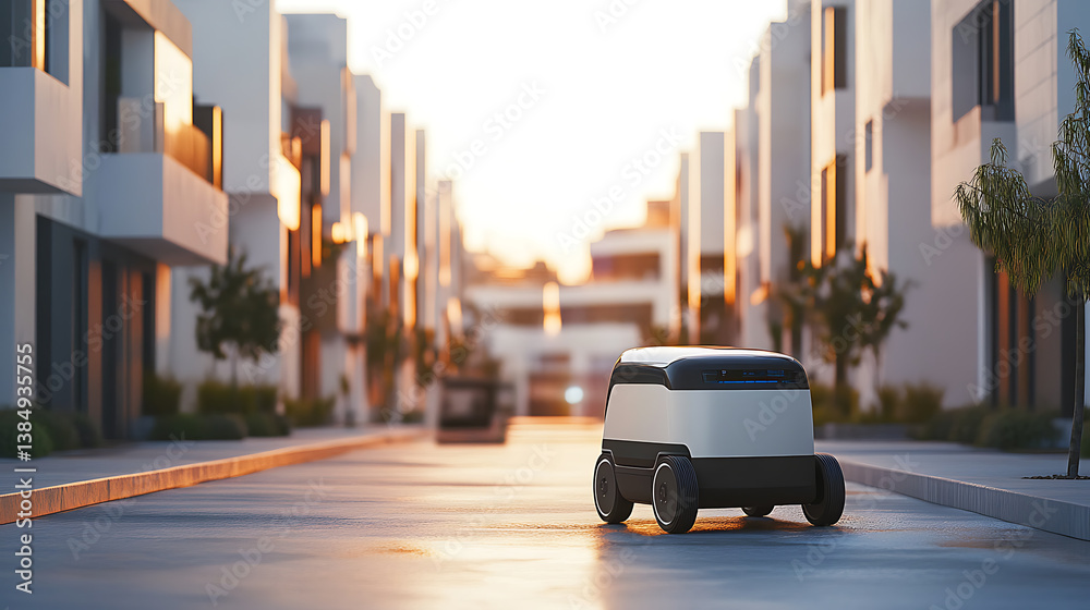 Poster an ai powered autonomous delivery robot transporting packages through a futuristic neighborhood, sle