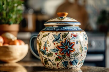 Beautifully crafted ceramic pot with floral design on a kitchen countertop in bright sunlight
