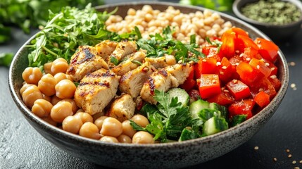 A bowl of grilled chicken salad with fresh veggies and chickpeas