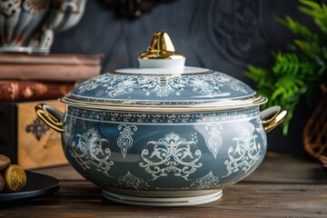 Elegant decorative cooking pot with intricate design resting on a wooden countertop