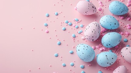 Colorful easter card design with candy eggs on soft pink background for personalization