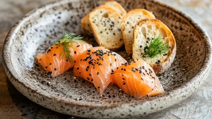 Smoked salmon slices, fresh with dill, served on a plate with bread