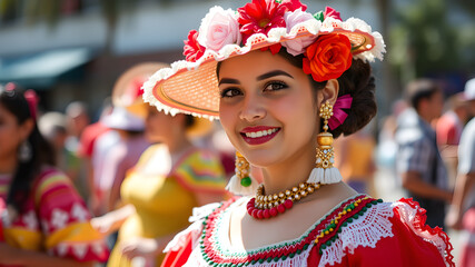 Fototapeta premium Pretty Young Woman Wearing traditional folkloric dress independence day or cinco de mayo parade or cultural Festival Generative AI