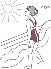 Fototapeta premium Minimalist Illustration of Woman in the summer Ocean Under a Bright Sun