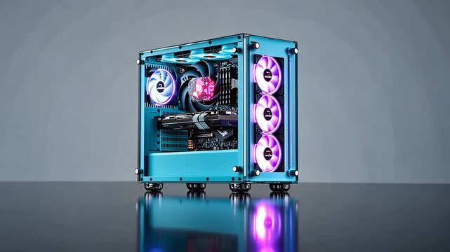 Vibrant gaming PC setup with illuminated components, showcasing modern technology in a sleek environment
