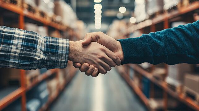 Handshake Between Two Individuals in a Warehouse Setting Symbolizing Partnership and Trust