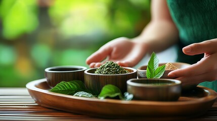 Fresh Herbs and Spices Displayed on Wooden Tray with Hands in Natural Setting