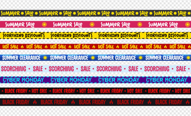 Seasonal Sale Tape Collection with Bold Promo Text and Colorful Backgrounds. Perfect for Summer Sale, Black Friday, Cyber Monday, Clearance Events and Marketing Design. Vector Illustration