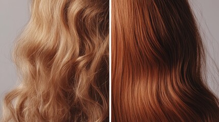 Fototapeta premium Split-screen comparison of frizzy, dry hair vs. smooth, glossy hair after a hair treatment, on a neutral backdrop for a striking effect