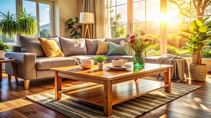 Cozy Living Room Product Display: Wooden Coffee Table Showcase