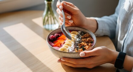 Woman eating healthy breakfast bowl with fruits, nuts, and seeds