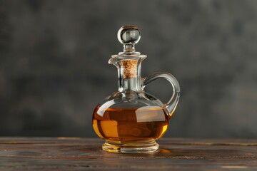 Elegant glass decanter filled with amber liquid on rustic wooden table against a textured background