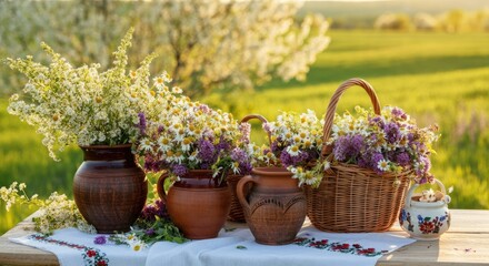 Rustic floral arrangement with wildflowers in pottery and wicker baskets outdoors